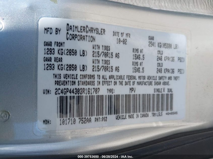 2003 Chrysler Town & Country Lx VIN: 2C4GP44303R161707 Lot: 39753650