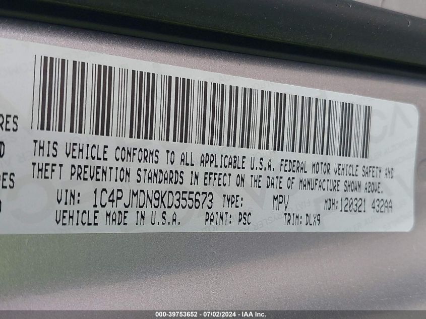 2019 Jeep Cherokee Limited 4X4 VIN: 1C4PJMDN9KD355673 Lot: 39753652