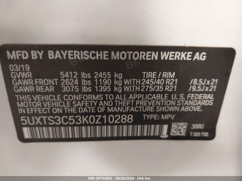 2019 BMW X3 M40I VIN: 5UXTS3C53K0Z10288 Lot: 39753653
