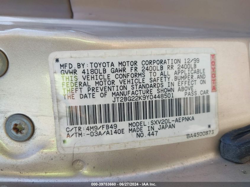 JT2BG22K9Y0448501 | 2000 TOYOTA CAMRY