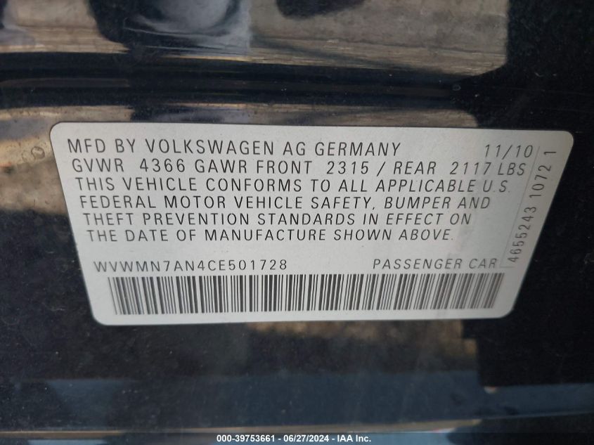 2012 Volkswagen Cc Sport VIN: WVWMN7AN4CE501728 Lot: 39753661