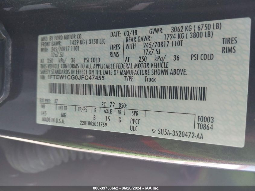 2018 Ford F-150 Xlt VIN: 1FTEW1CG0JFC47455 Lot: 39753662