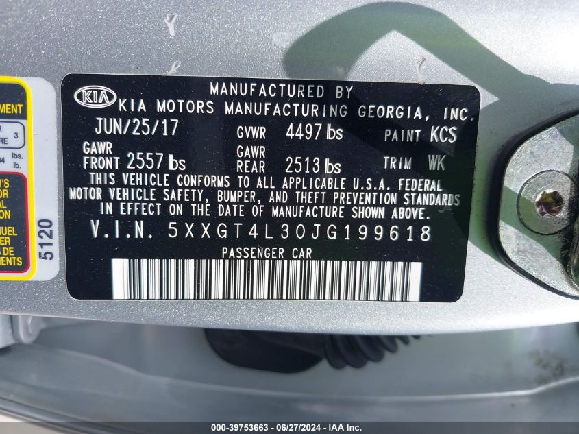 2018 Kia Optima Lx VIN: 5XXGT4L30JG199618 Lot: 39753663