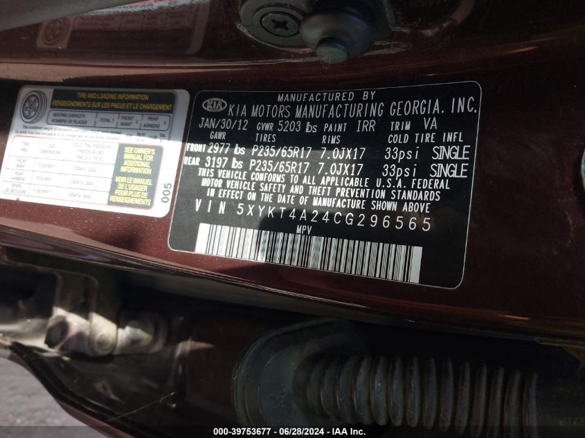 2012 Kia Sorento Lx V6 VIN: 5XYKT4A24CG296565 Lot: 39753677