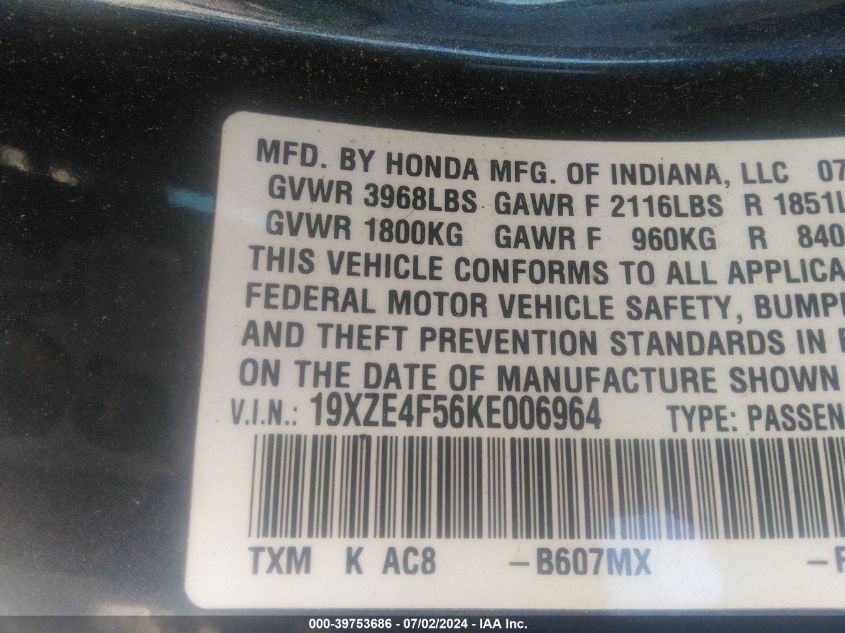 19XZE4F56KE006964 2019 Honda Insight Ex