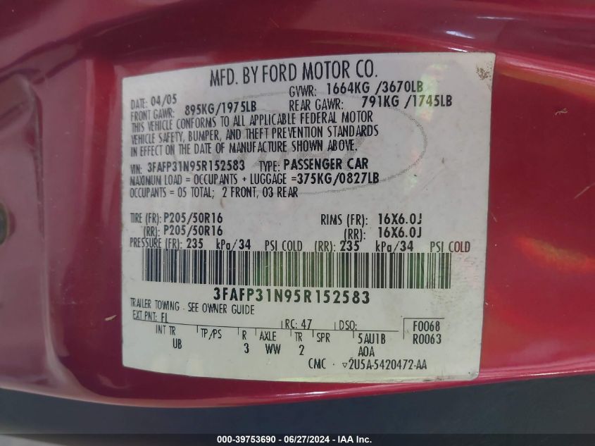 2005 Ford Focus Zx3 VIN: 3FAFP31N95R152583 Lot: 39753690