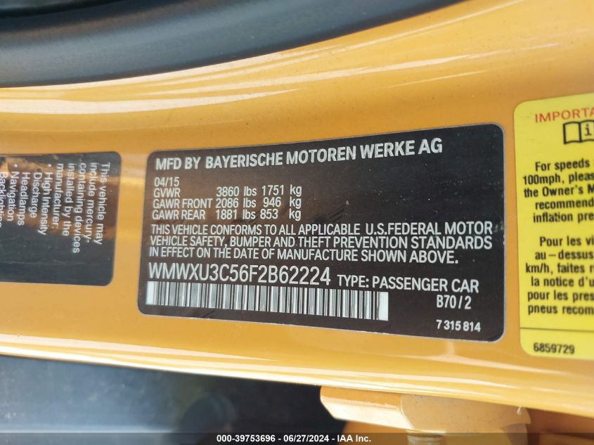 2015 Mini Cooper S VIN: WMWXU3C56F2B62224 Lot: 39753696