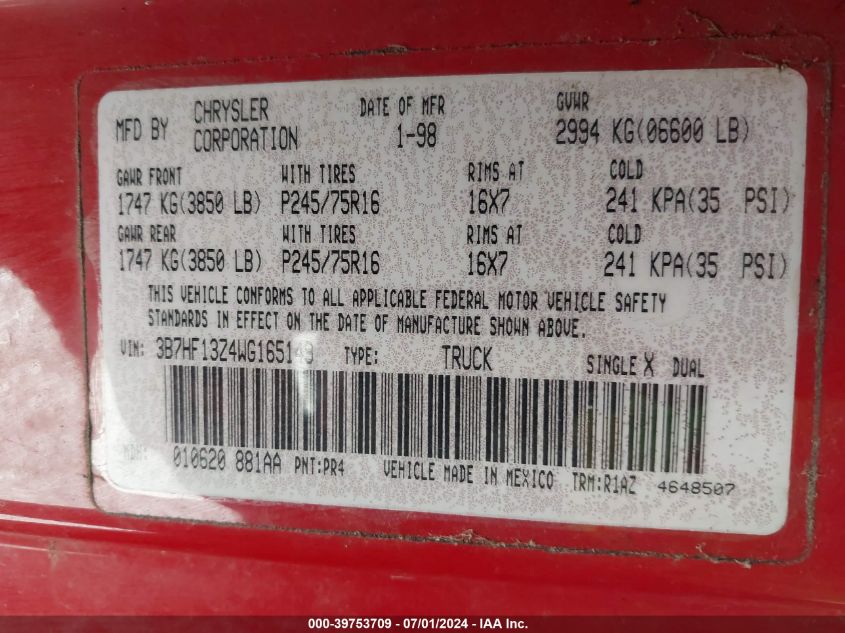 1998 Dodge Ram 1500 St VIN: 3B7HF13Z4WG165149 Lot: 39753709