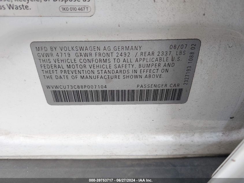 2008 Volkswagen Passat Vr6 VIN: WVWCU73C88P007104 Lot: 39753717