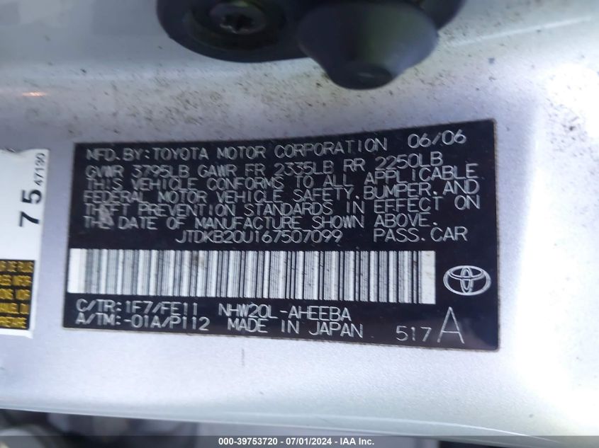 2006 Toyota Prius VIN: JTDKB20U167507099 Lot: 39753720