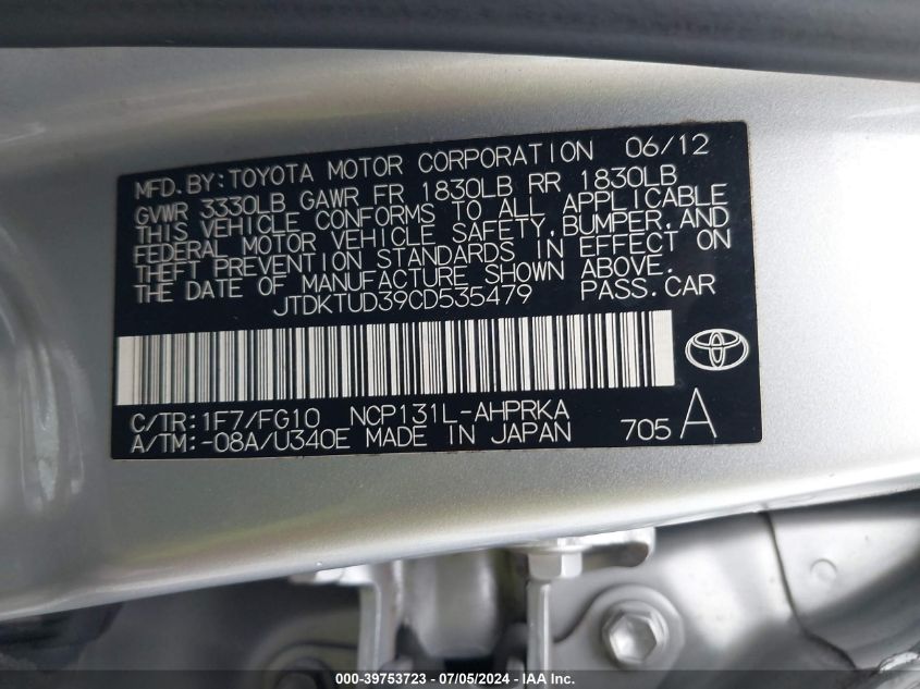 2012 Toyota Yaris L VIN: JTDKTUD39CD535479 Lot: 39753723