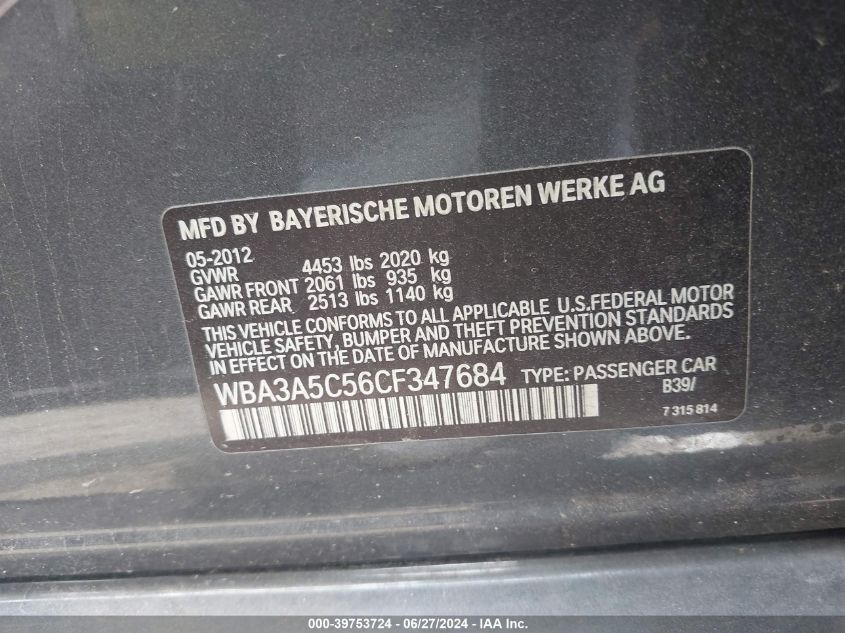 2012 BMW 328 I VIN: WBA3A5C56CF347684 Lot: 39753724