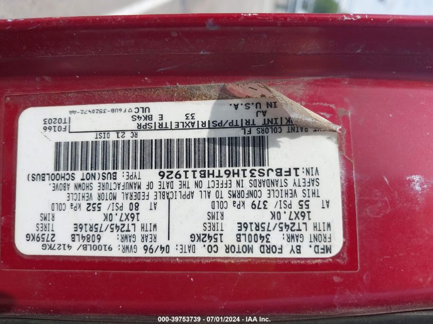 1996 Ford Econoline E350 Super Duty VIN: 1FBJS31H6THB11926 Lot: 39753739