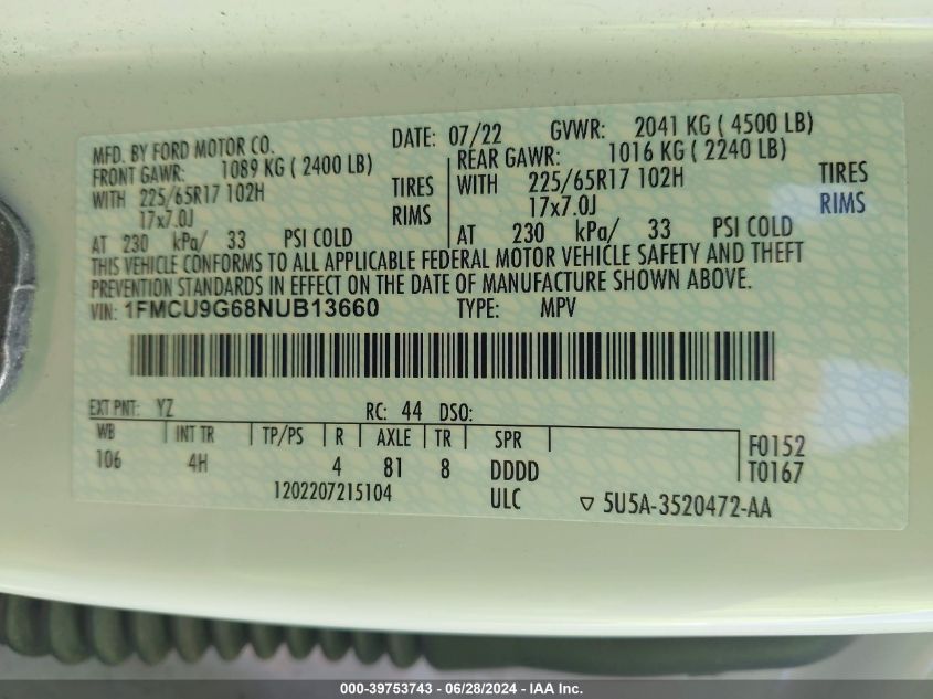 2022 Ford Escape Se VIN: 1FMCU9G68NUB13660 Lot: 39753743