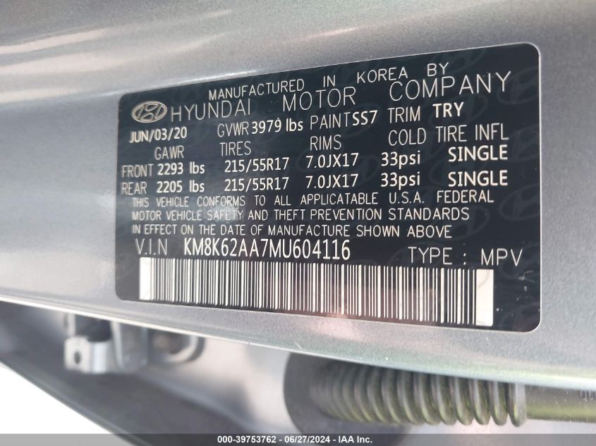 2021 Hyundai Kona Sel Plus VIN: KM8K62AA7MU604116 Lot: 39753762