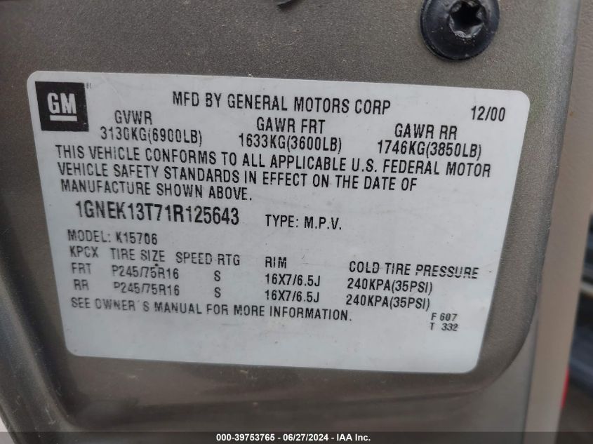 2001 Chevrolet Tahoe Ls VIN: 1GNEK13T71R125643 Lot: 39753765