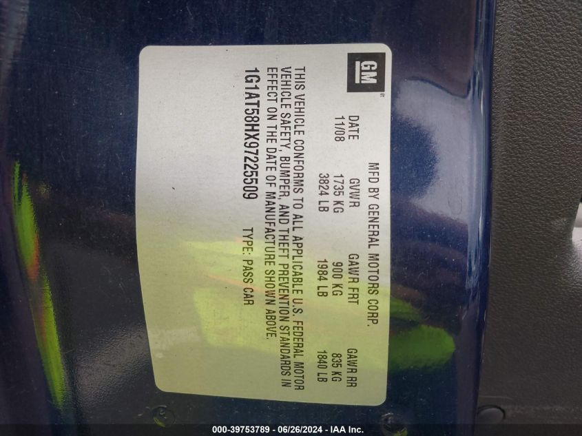 2009 Chevrolet Cobalt Lt VIN: 1G1AT58HX97225509 Lot: 39753789