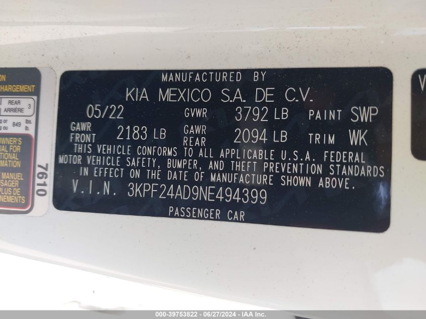 2022 Kia Forte Fe/Lxs VIN: 3KPF24AD9NE494399 Lot: 39753822