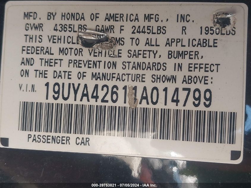 2001 Acura Cl 3.2 Type S VIN: 19UYA42611A014799 Lot: 39753821