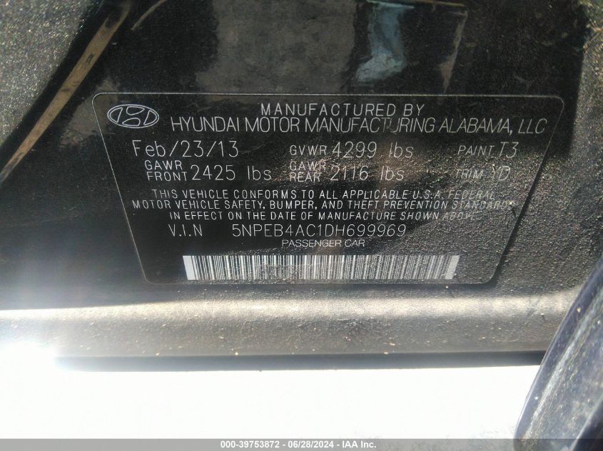 2013 Hyundai Sonata Gls VIN: 5NPEB4AC1DH699969 Lot: 39753872