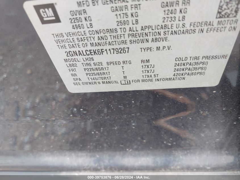 2015 Chevrolet Equinox 2Lt VIN: 2GNALCEK6F1179267 Lot: 39753876