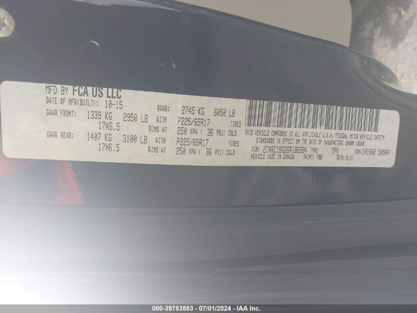 2016 Chrysler Town & Country Touring VIN: 2C4RC1BG2GR186994 Lot: 39753883