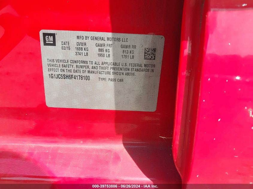 2015 Chevrolet Sonic Lt Auto VIN: 1G1JC5SH6F4178100 Lot: 39753886