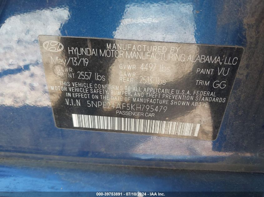 2019 Hyundai Sonata Se VIN: 5NPE24AF5KH795479 Lot: 39753891