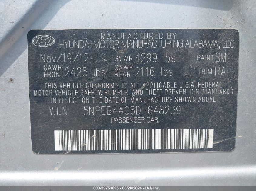 2013 Hyundai Sonata Gls VIN: 5NPEB4AC6DH648239 Lot: 39753895