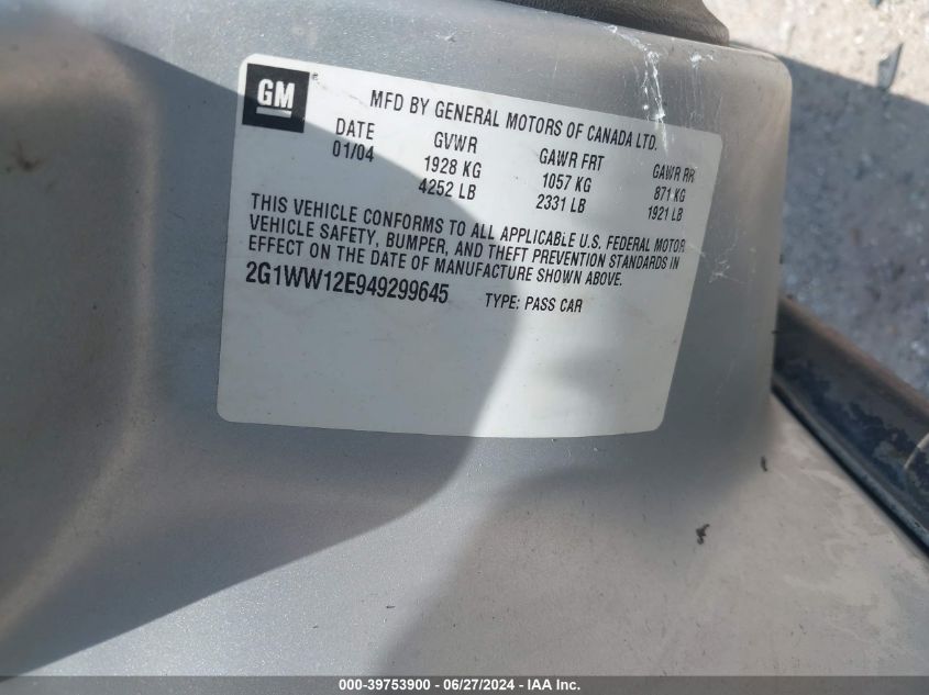 2004 Chevrolet Monte Carlo Ls VIN: 2G1WW12E949299645 Lot: 39753900