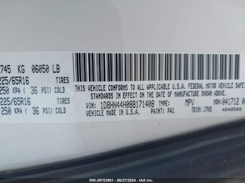 2008 Dodge Grand Caravan Se VIN: 1D8HN44H08B171408 Lot: 39753901