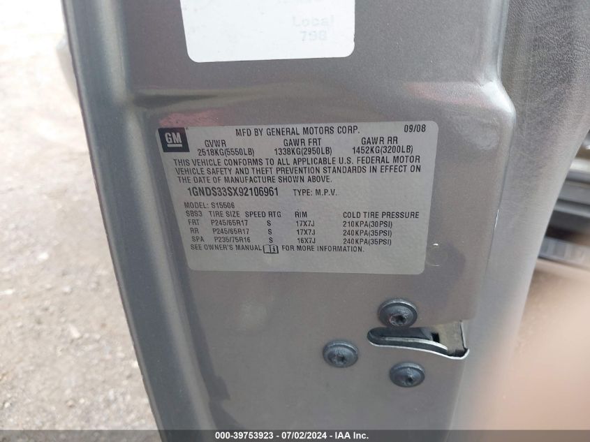 2009 Chevrolet Trailblazer Lt VIN: 1GNDS33SX92106961 Lot: 39753923
