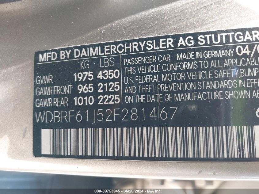 2002 Mercedes-Benz C 240 VIN: WDBRF61J52F281467 Lot: 39753945