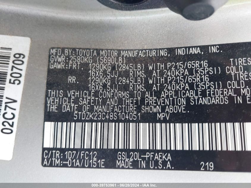 2008 Toyota Sienna Ce/Le VIN: 5TDZK23C48S104051 Lot: 39753961