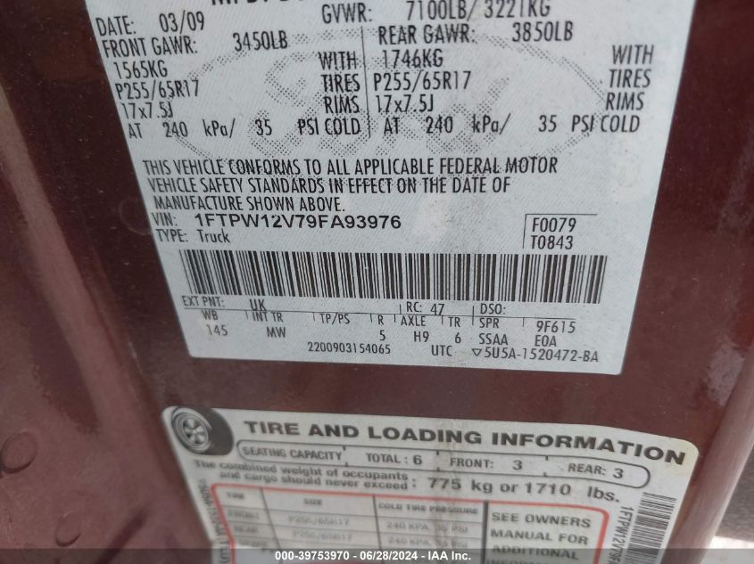 2009 Ford F-150 King Ranch/Lariat/Platinum/Xl/Xlt VIN: 1FTPW12V79FA93976 Lot: 39753970