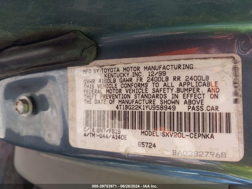 2000 Toyota Camry Le VIN: 4T1BG22K1YU958949 Lot: 39753971