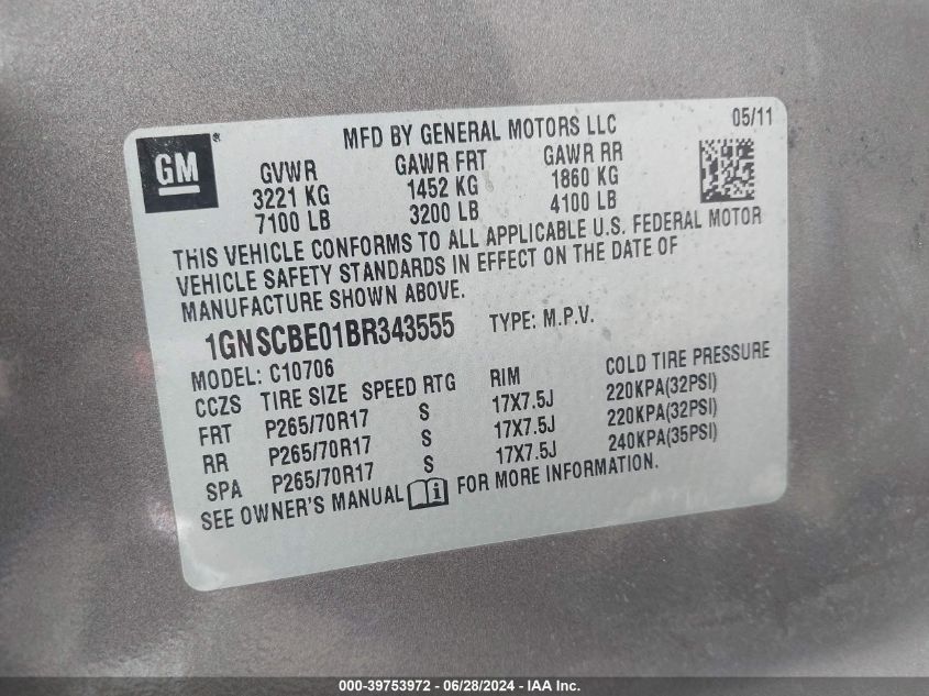 2011 Chevrolet Tahoe Lt VIN: 1GNSCBE01BR343555 Lot: 39753972