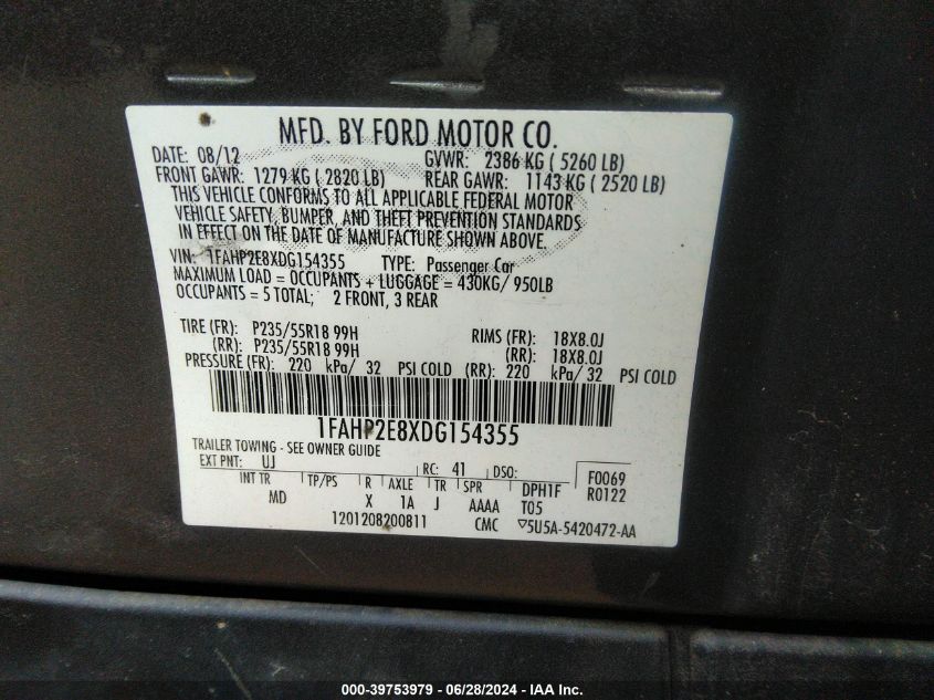 2013 Ford Taurus Sel VIN: 1FAHP2E8XDG154355 Lot: 39753979