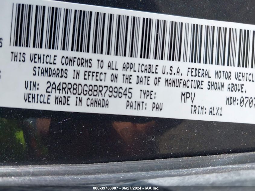 2011 Chrysler Town & Country Touring-L VIN: 2A4RR8DG8BR799645 Lot: 39753987