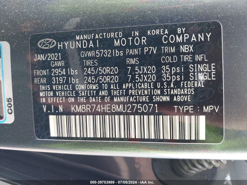 2021 Hyundai Palisade Calligraphy VIN: KM8R74HE8MU275071 Lot: 39753989