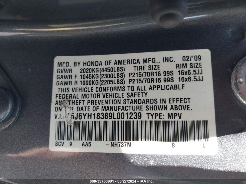 2009 Honda Element Lx VIN: 5J6YH18389L001239 Lot: 39753991
