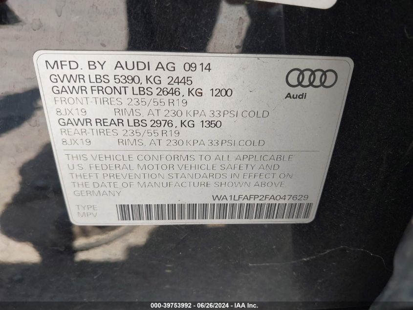 2015 Audi Q5 2.0T Premium VIN: WA1LFAFP2FA047629 Lot: 39753992