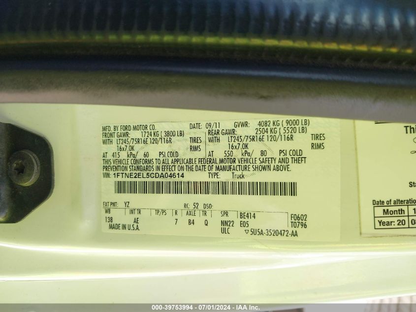 2012 Ford E-250 Commercial VIN: 1FTNE2EL5CDA04614 Lot: 39753994