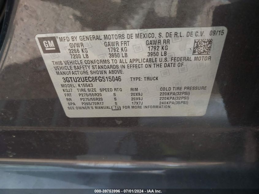 2015 GMC Sierra 1500 Sle VIN: 3GTU2UEC8FG515046 Lot: 39753996