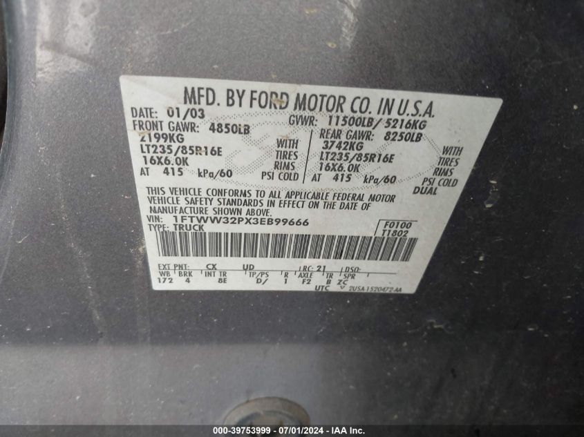 2003 Ford F-350 VIN: 1FTWW32PX3EB99666 Lot: 39753999