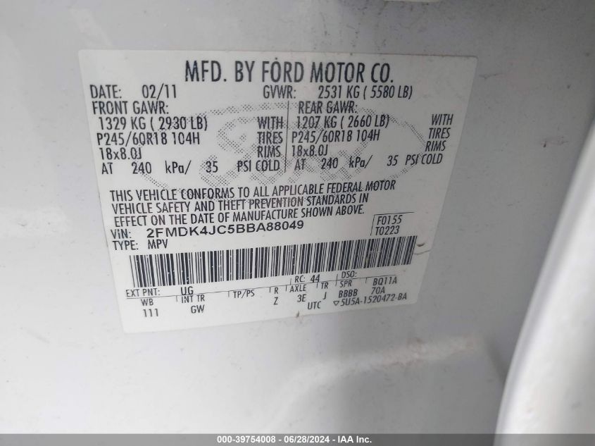 2011 Ford Edge Sel VIN: 2FMDK4JC5BBA88049 Lot: 39754008