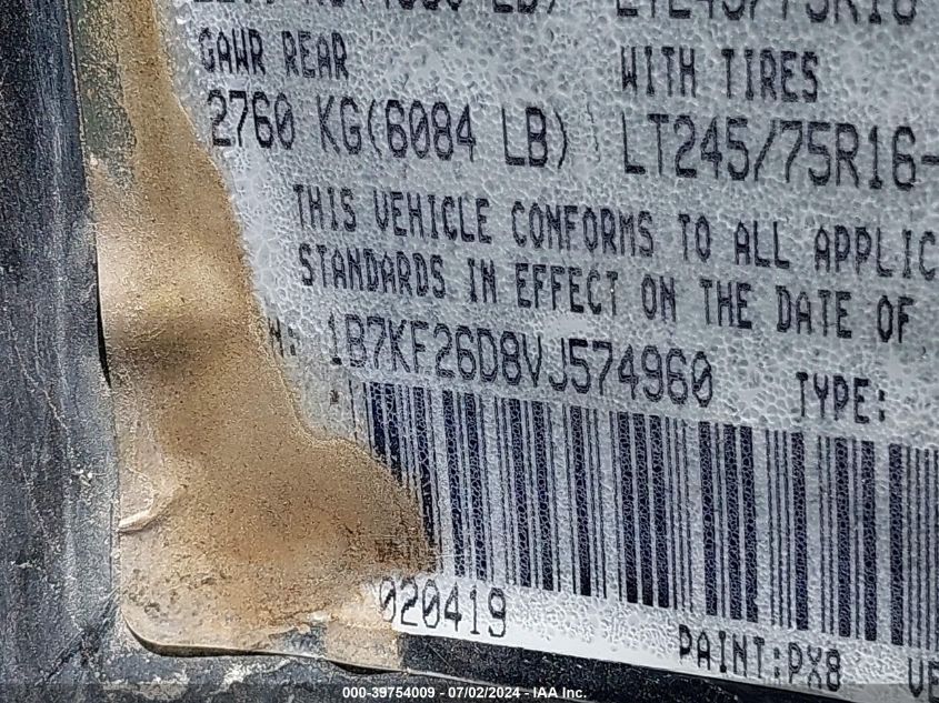 1997 Dodge Ram 2500 VIN: 1B7KF26D8VJ574960 Lot: 39754009