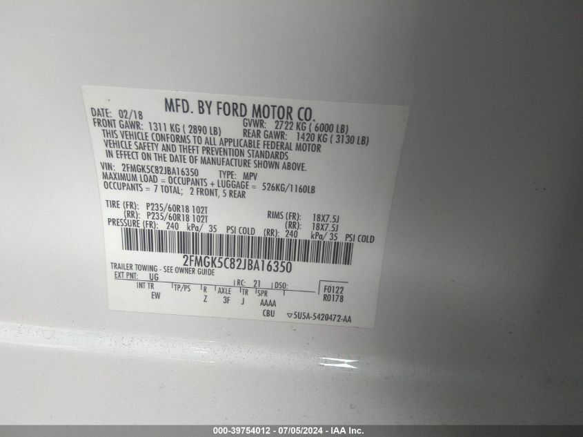 2018 Ford Flex Sel VIN: 2FMGK5C82JBA16350 Lot: 39754012