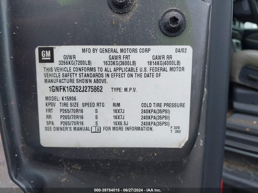 2002 Chevrolet Suburban 1500 Lt VIN: 1GNFK16Z62J275862 Lot: 39754015