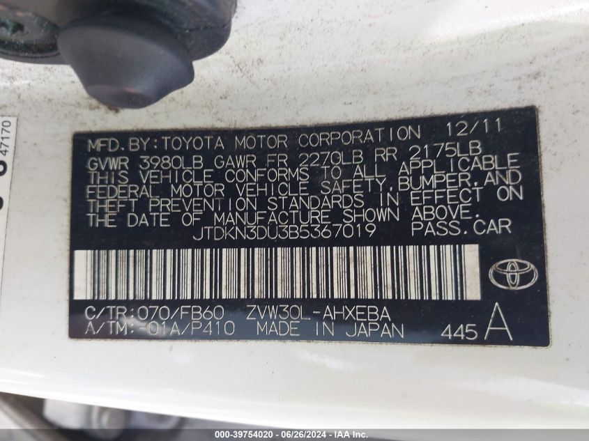 JTDKN3DU3B5367019 | 2011 TOYOTA PRIUS